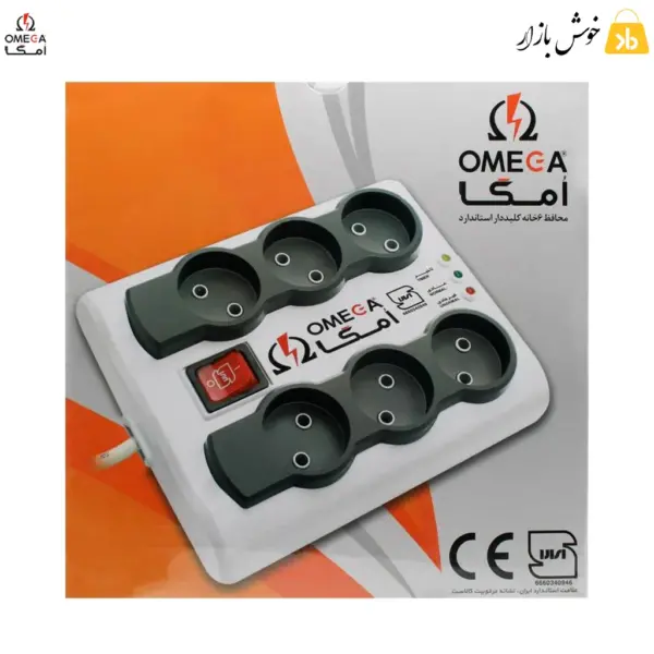 محافظ برق 6 خانه امگا مدل P6000، کابل 5 متری مناسب تلویزیون و کامپیوتر