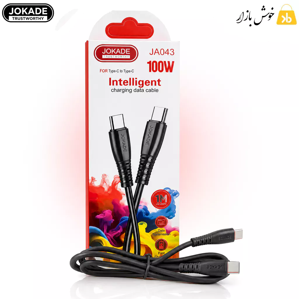 jokade-ja043-100w-cable-with-box کابل Type-C به Type-C جوکید JA043 در کنار بستهبندی محصول