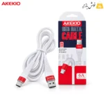 کابل شارژ آککیو UC-30 سفید و قرمز کنار بستهبندی برند AKEKIO