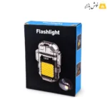 جعبه مشکی و آبی محصول با نوشته Flashlight و تصویر چراغ شفاف