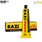 چسب همه‌کاره رازی مدل آل‌پلاست 100 میلی‌لیتر، تیوپ ایستاده کنار جعبه