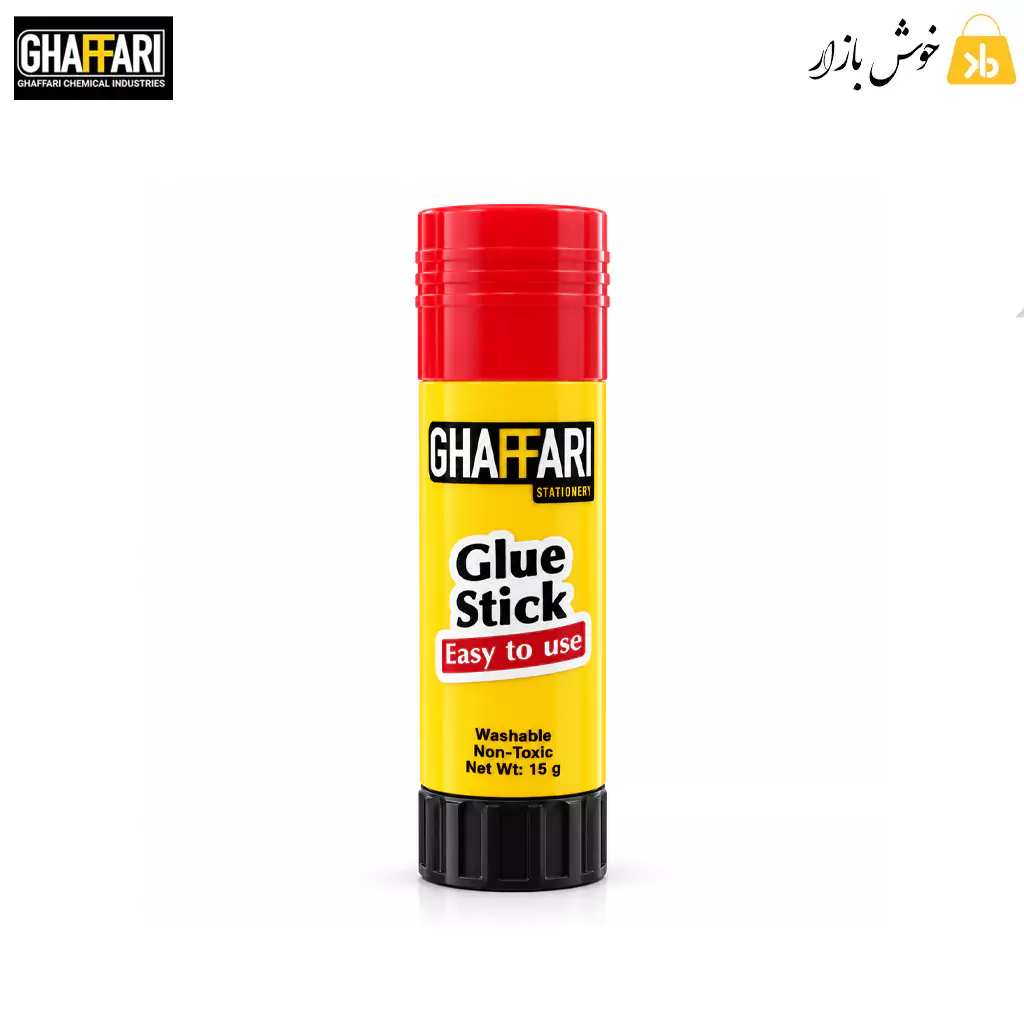 ghaffari-glue-stick-15g-main چسب ماتیکی غفاری 15 گرم با بدنه زرد، درپوش قرمز و پایه مشکی روی زمینه سفید