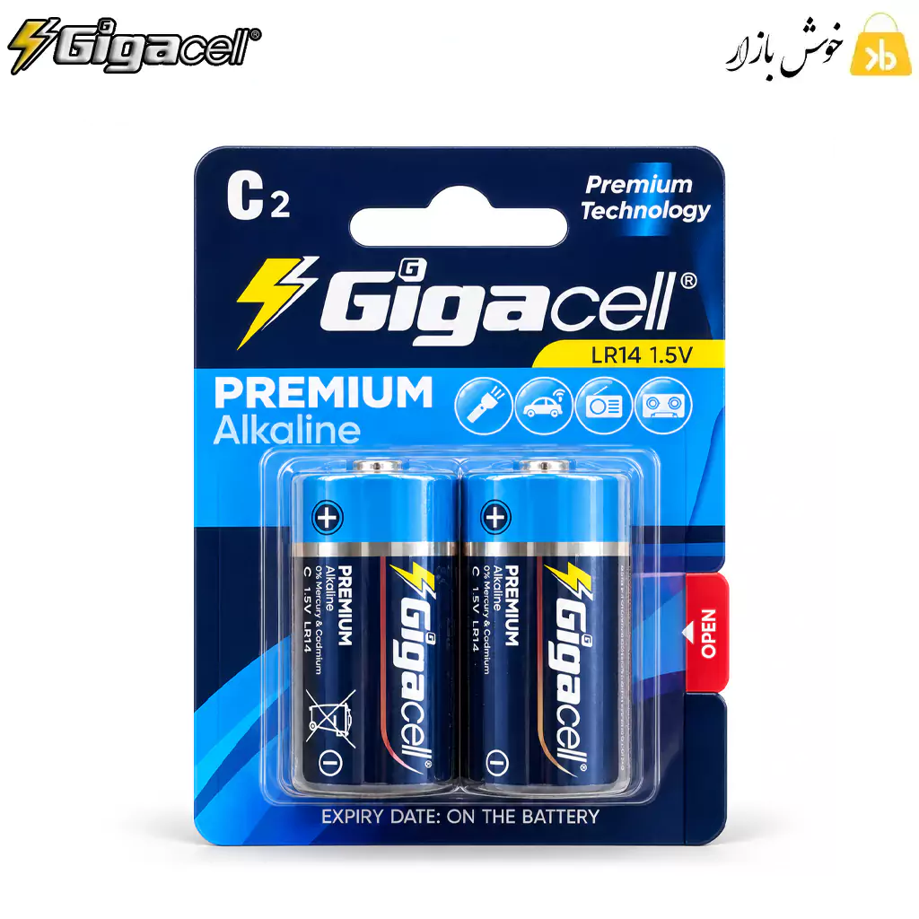 gigacell-premium-c-lr14-2pack-front باتری متوسط آلکالاین گیگاسل Premium سایز C مدل LR14 بسته دوعددی