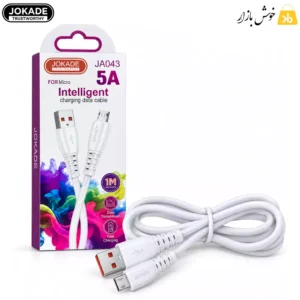 کابل میکرو USB جوکید مدل JA043 سفید همراه بسته‌بندی و سوکت‌های USB-A و Micro USB