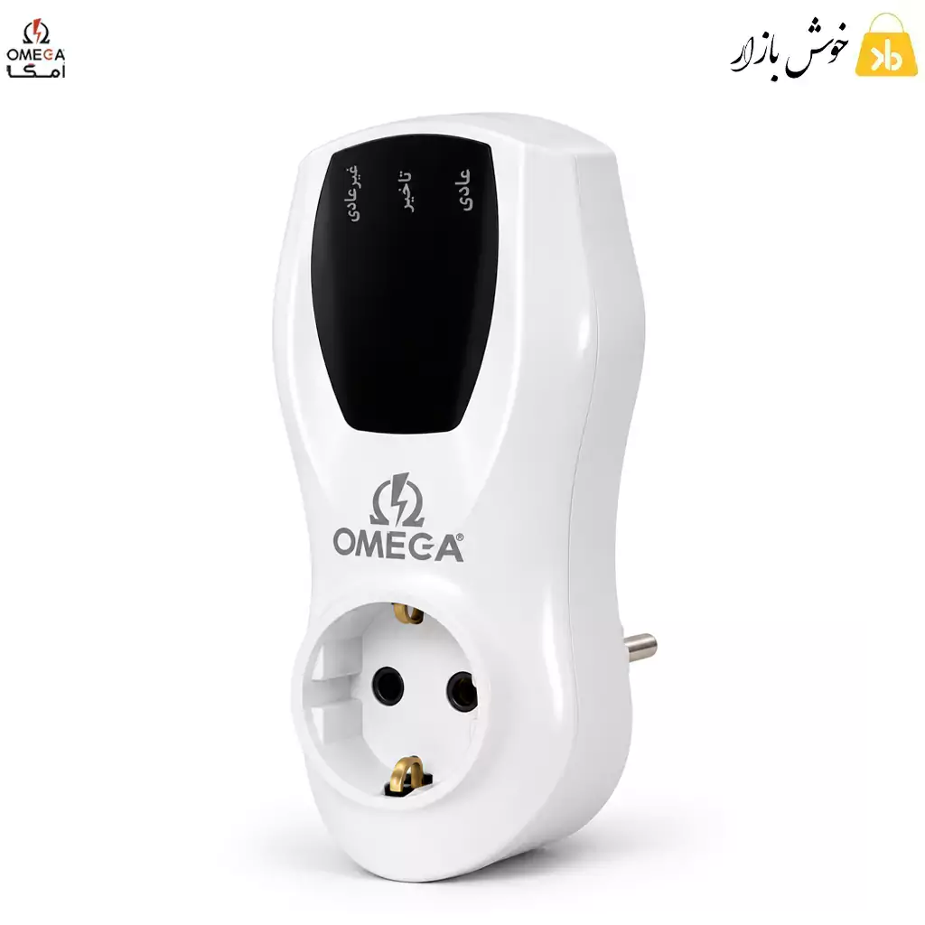 omega-g1100-voltage-protector-angle نمای سهرخ محافظ برق آنالوگ امگا G1100 با بدنه سفید و پریز ارتدار