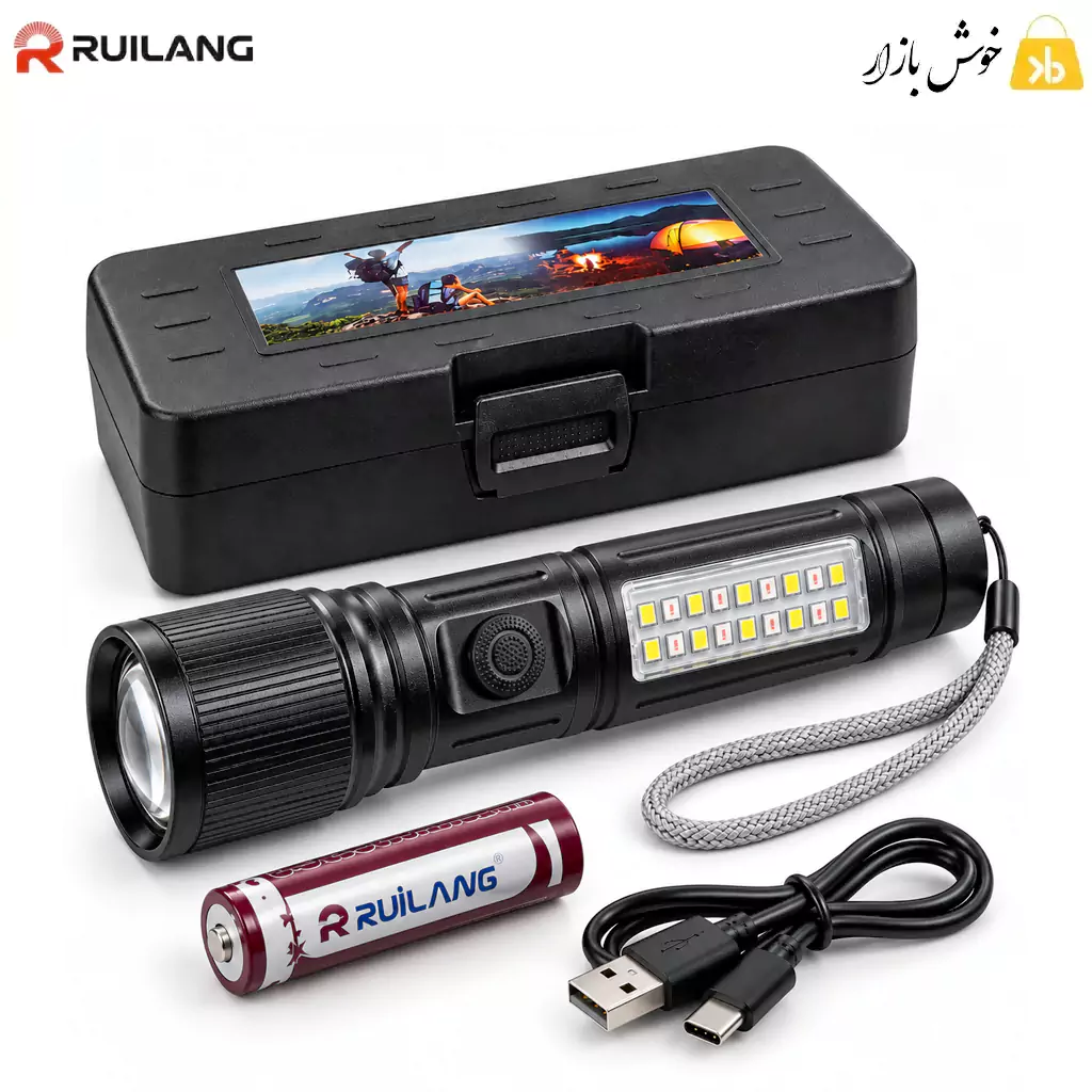 ruilang-rl-s003-rechargeable-flashlight-kit چراغ قوه شارژی زومدار رویلانگ RL-S003 همراه باتری، کابل و جعبه حمل